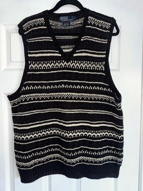 POLO RALPH LAUREN Vintage Hand Knit Black Fair Isle Cotton-Linen Sweater Vest L